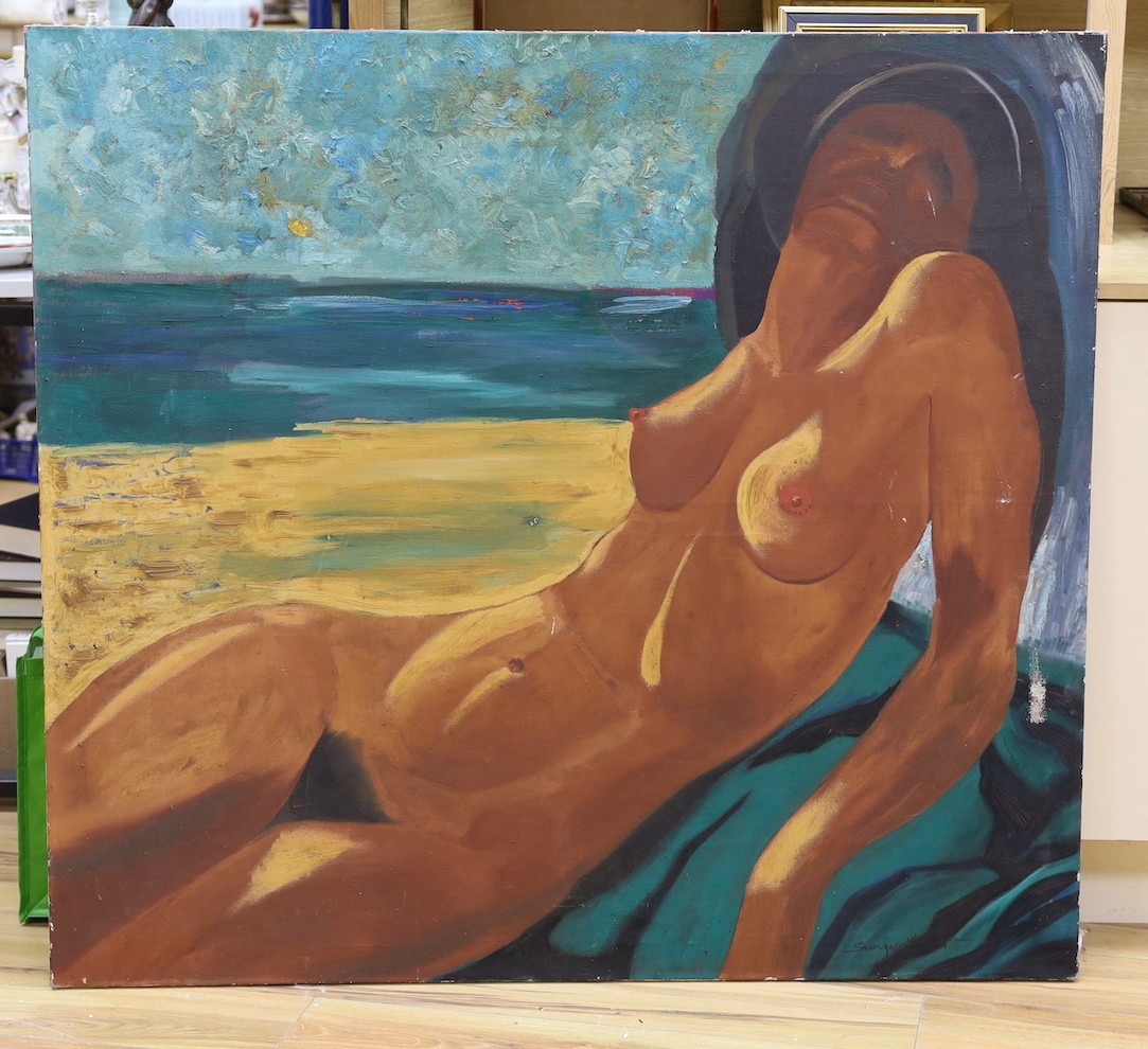Modern British, oil on canvas, Female nude on a beach, indistinctly signed, 110 x 120cm, unframed
